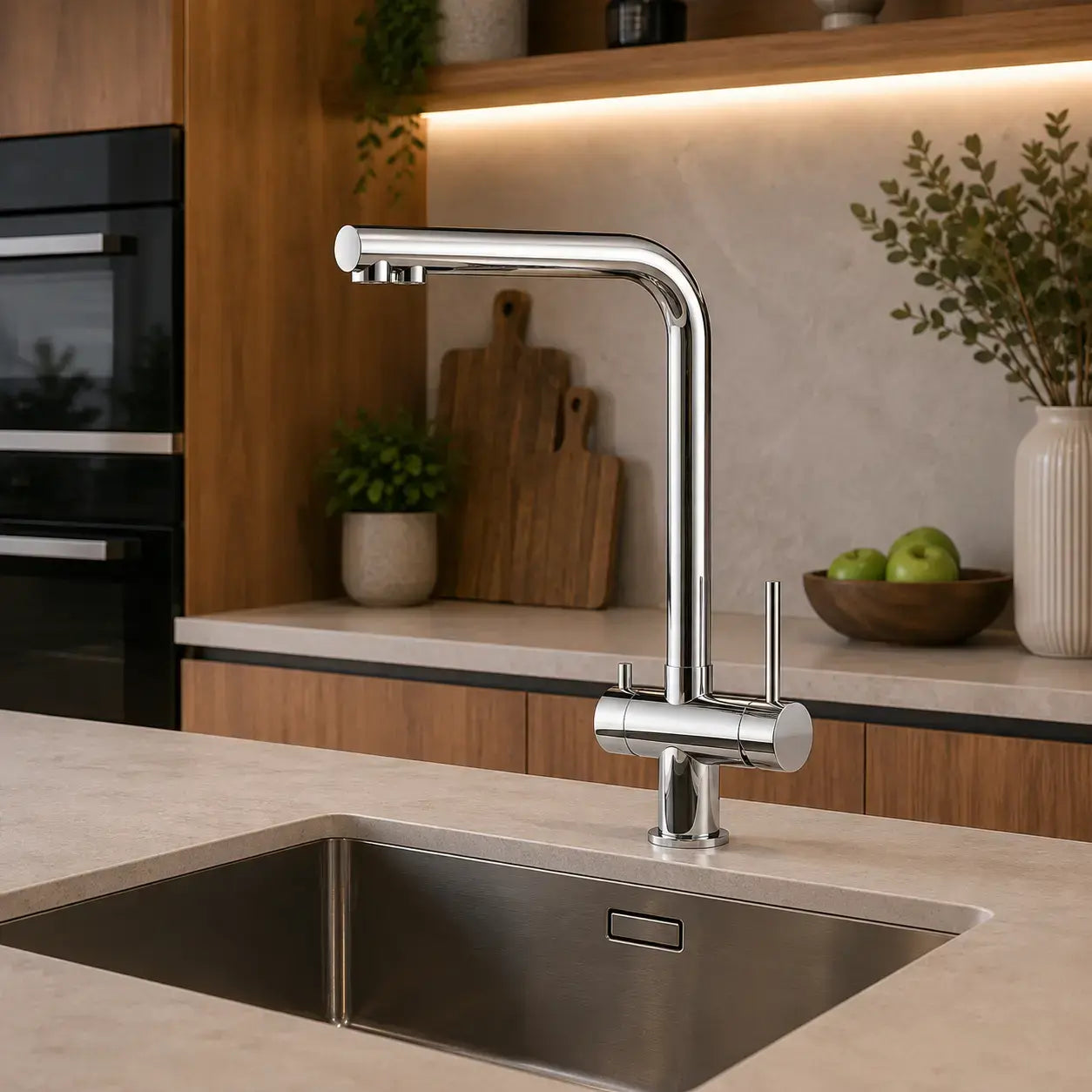 Alvito 3 Wege Wasserhahn Atessa lange Variante aus Edelstahl - in einer Küche