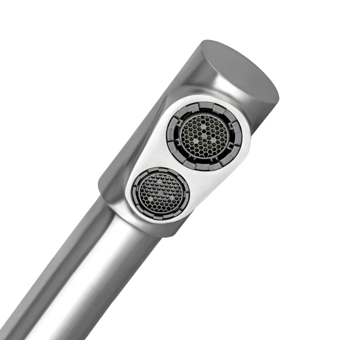 Der POSEIDON 3-Wege-Wasserhahn aus Edelstahl für Osmoseanlagen von misterwater: Die beiden Auslässe im Detail