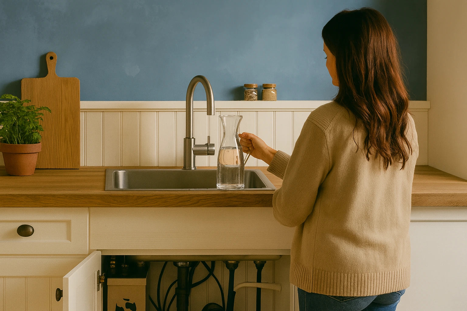 Frau filtert ihr Wasser mit der Evofilter Osmoseanlage von Evodrop