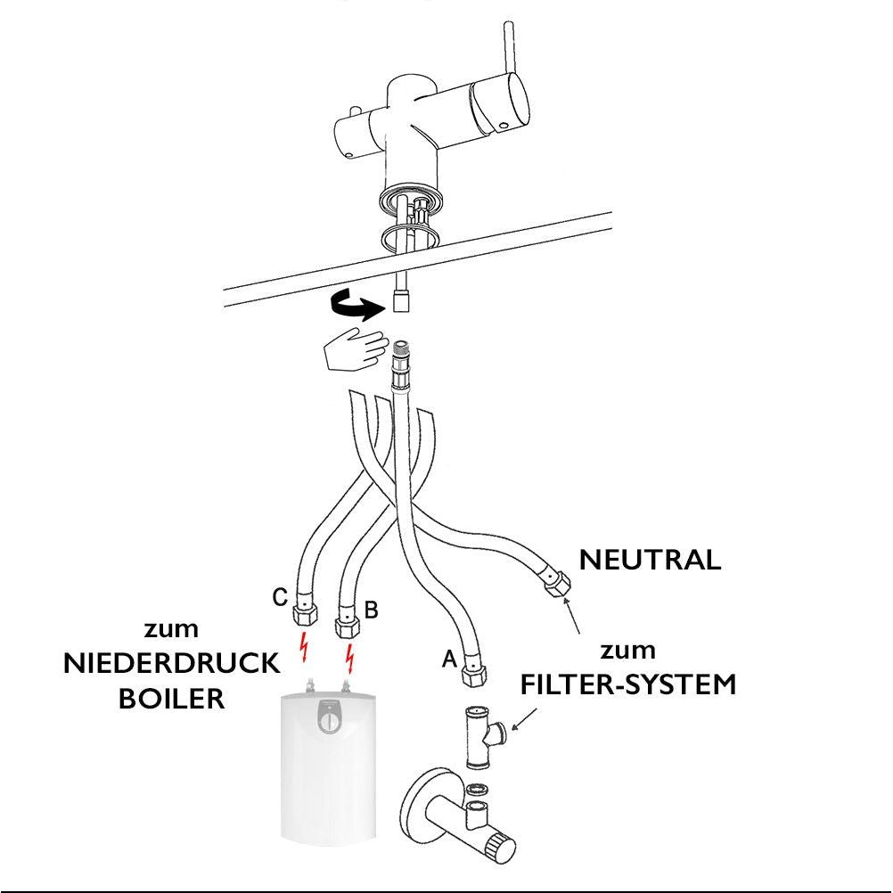 Dreiwegehahn, VizioTechnik, Niederdruckamatur, Edelstahl, Anschlüsse