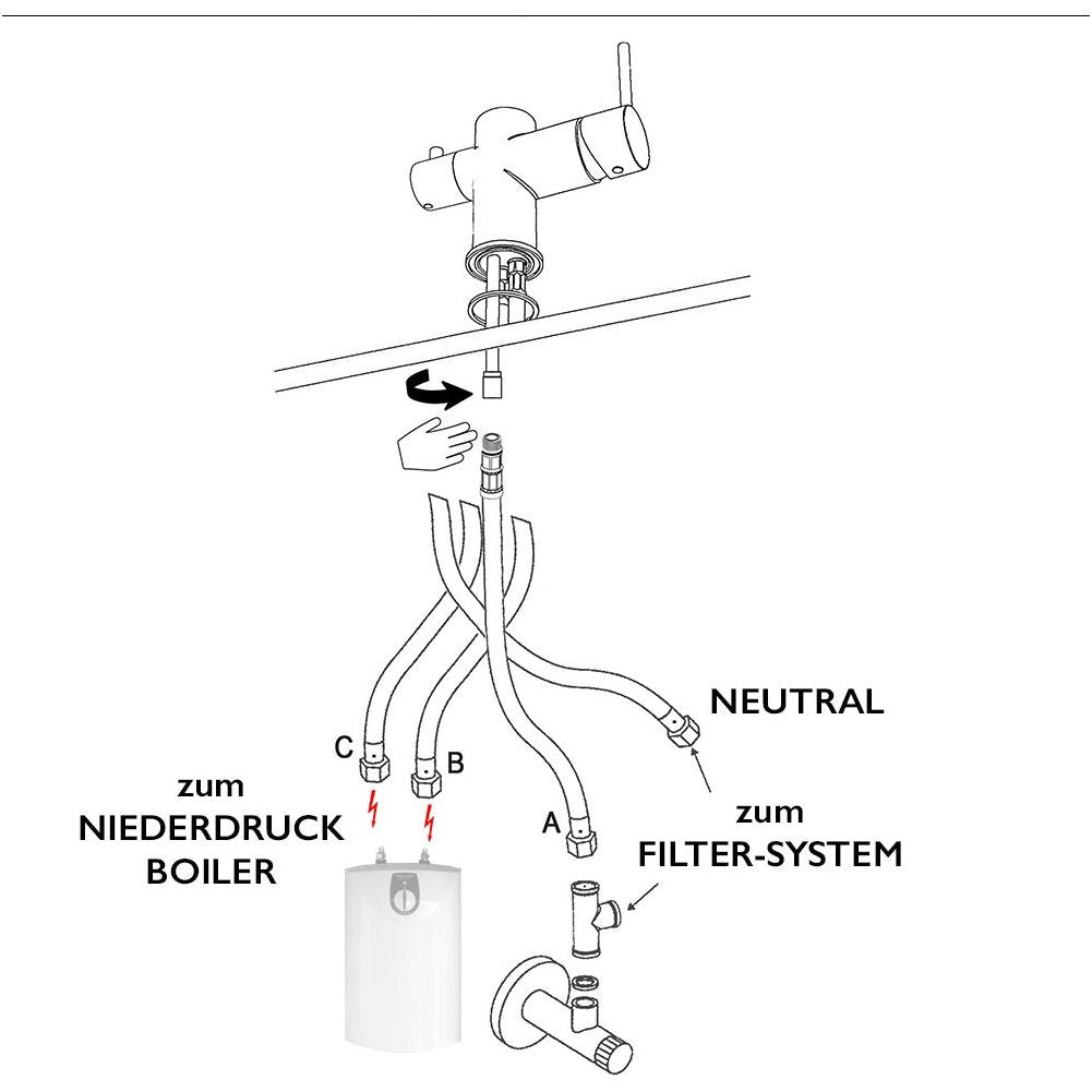 Dreiwegehahn, VizioTechnik, Niederdruckamatur, Edelstahl, Anschlüsse