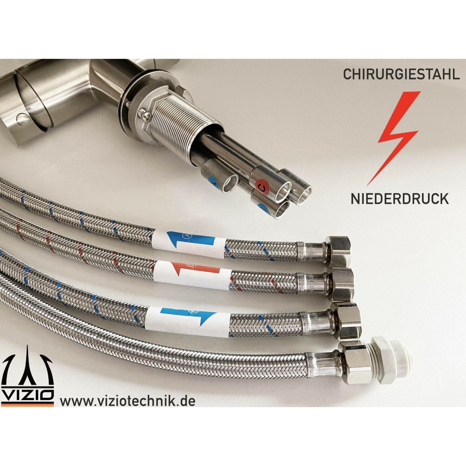 Dreiwegehahn, VizioTechnik, Niederdruckamatur, Edelstahl, Anschlüsse