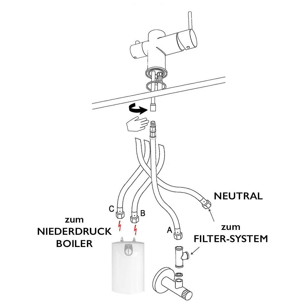 Dreiwegehahn, VizioTechnik, Niederdruckamatur, Edelstahl, Anschlüsse
