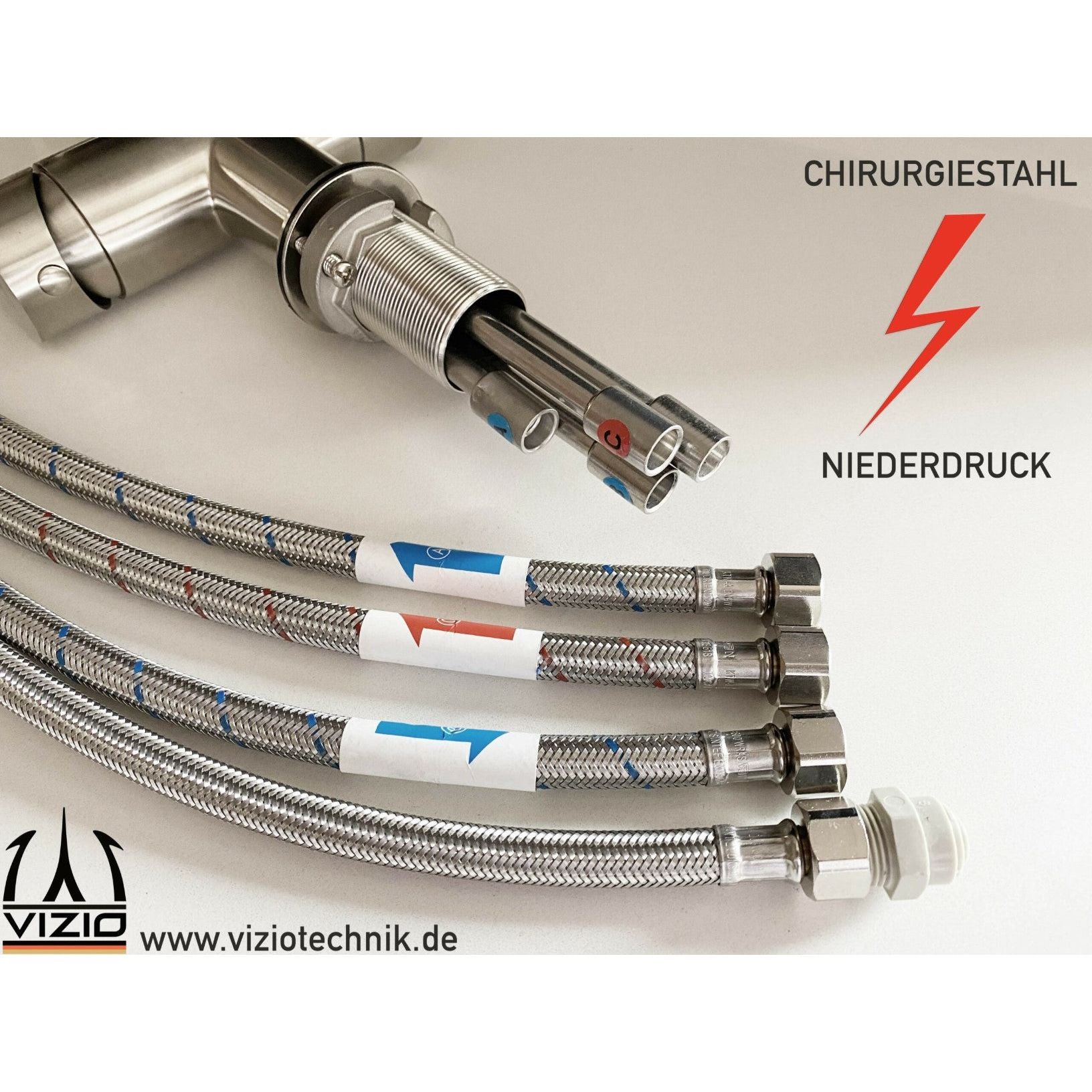Dreiwegehahn, VizioTechnik, Niederdruckamatur, Edelstahl, Anschlüsse