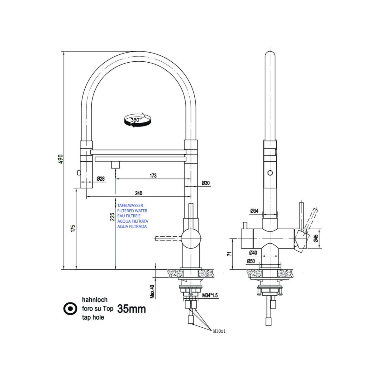 Dreiwegehahn, VizioTechnik, Niederdruckamatur, Edelstahl, Maße