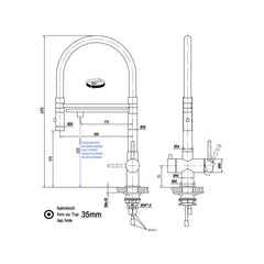 Dreiwegehahn, VizioTechnik, Niederdruckamatur, Edelstahl, Maße
