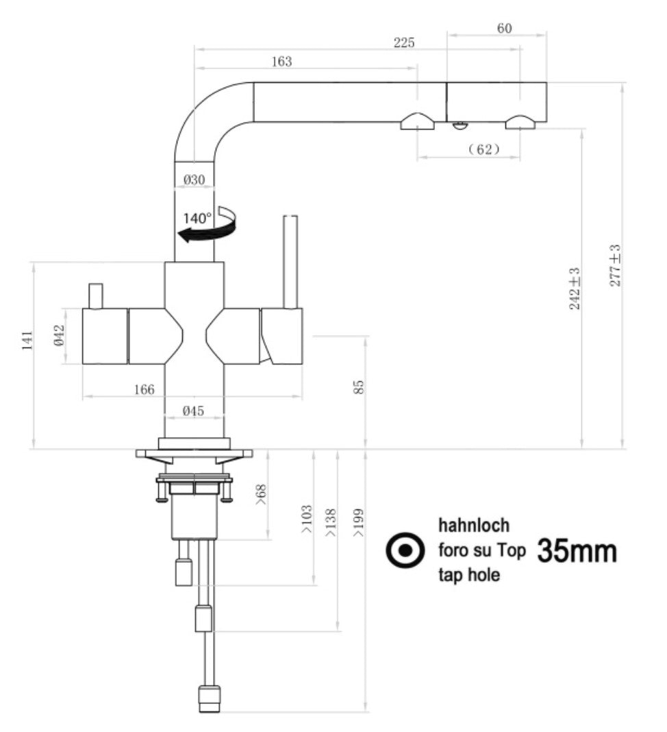 Dreiwegehahn, VizioTechnik, Edelstahl, Maße