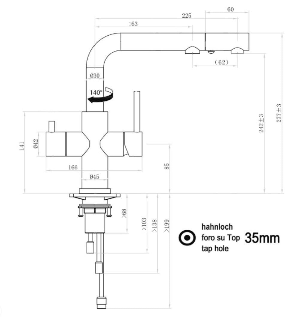 Dreiwegehahn, VizioTechnik, Edelstahl, Maße