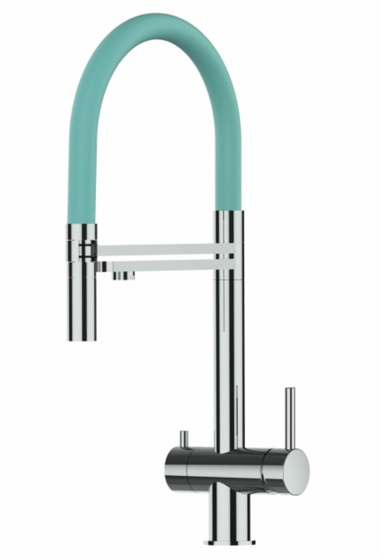 Dreiwegehahn, VizioTechnik, Edelstahl, Türkis