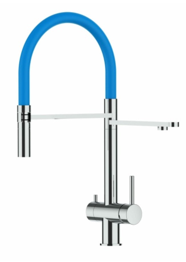 Dreiwegehahn, VizioTechnik, Edelstahl, Hellblau