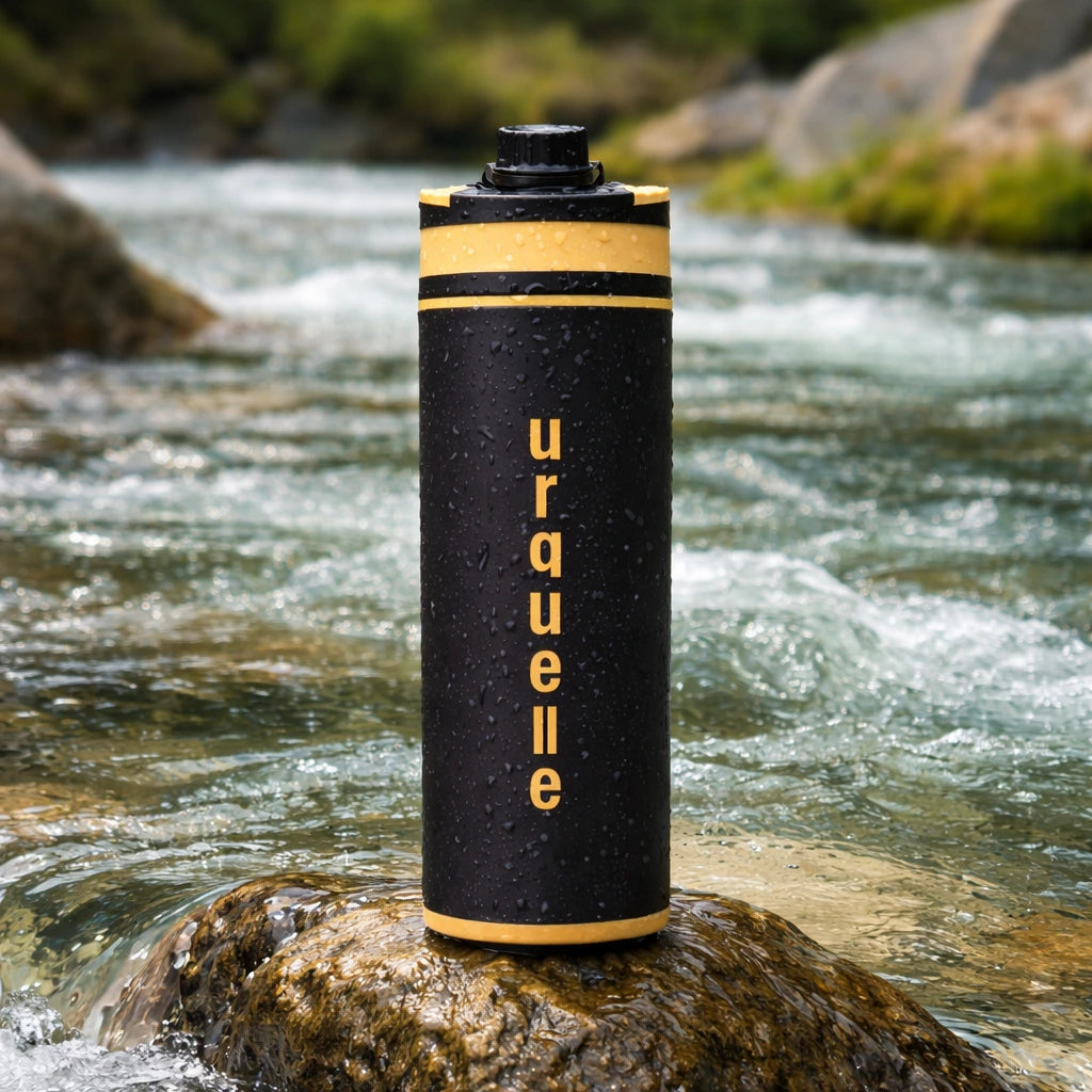 Urquelle Outdoor Filterflasche steht in einem Fluss mit Tropfen vom Wasserholen