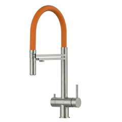 VIZIO 3-Wege Wasserhahn Orange aus Edelstahl gebürstet mit 2-Strahl Brause: Modell VZFX018182 als Freisteller