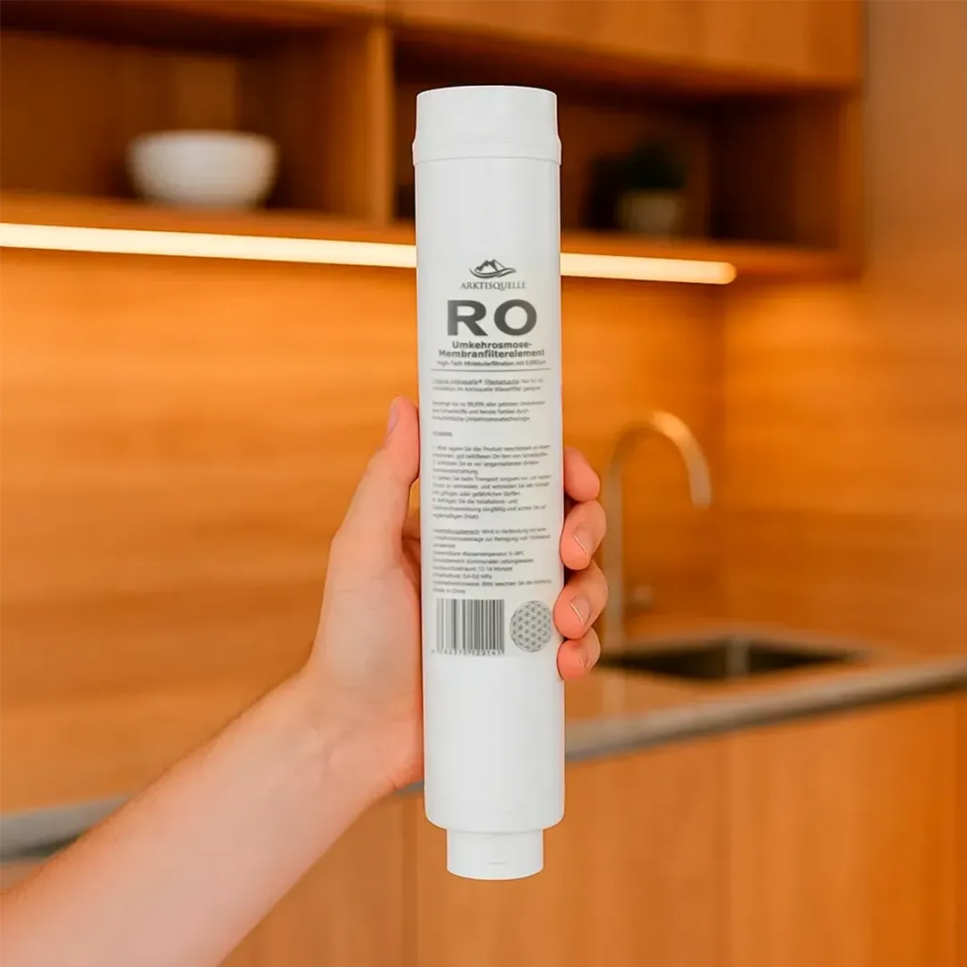 Die Arktisquelle RO-Molekularfilter / RO-Membran (Ersatzfilter Stufe 3): Haltend in einer Hand in der Küche