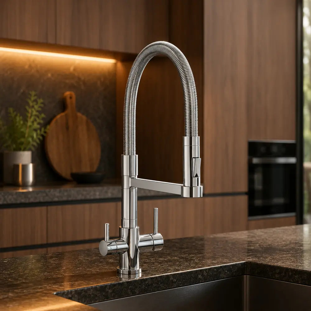 Der ALTEA Dreiwegehahn aus Edelstahl für Osmoseanlage und Wasserfilter: ln der Küche