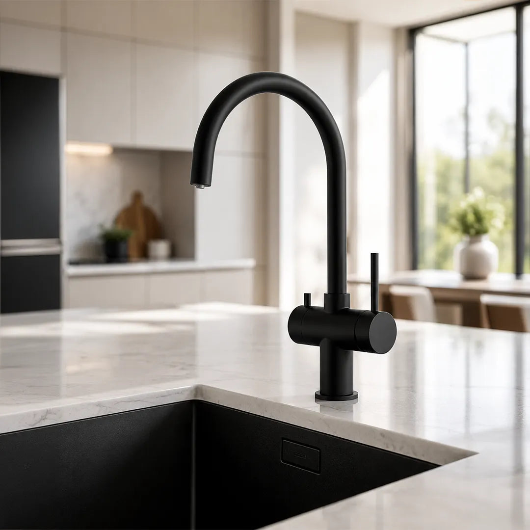 Der schwarze Alvito 3 Wege Wasserhahn Furore aus Edelstahl für Osmoseanlagen: In einer Küche präsentiert