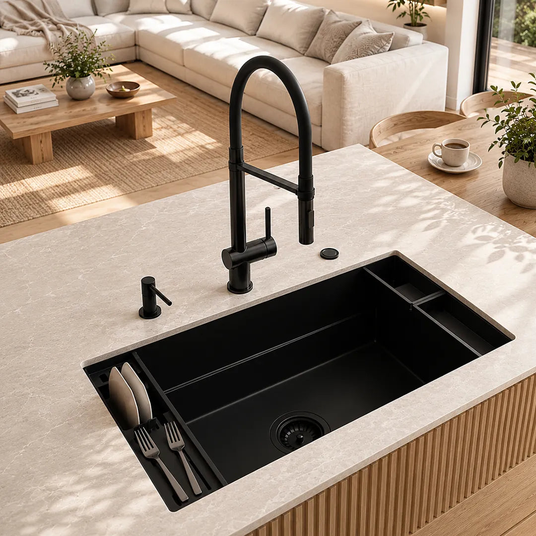 Der Alvito 3 Wege Wasserhahn Primo in Schwarz aus Edelstahl - präsentiert in einer modernen Küche