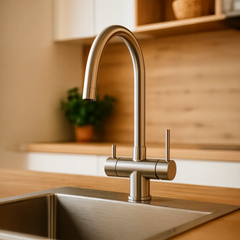 Der ARES 3-Wege-Wasserhahn aus Edelstahl für Osmoseanlagen von misterwater: Inszeniert in einer Küche