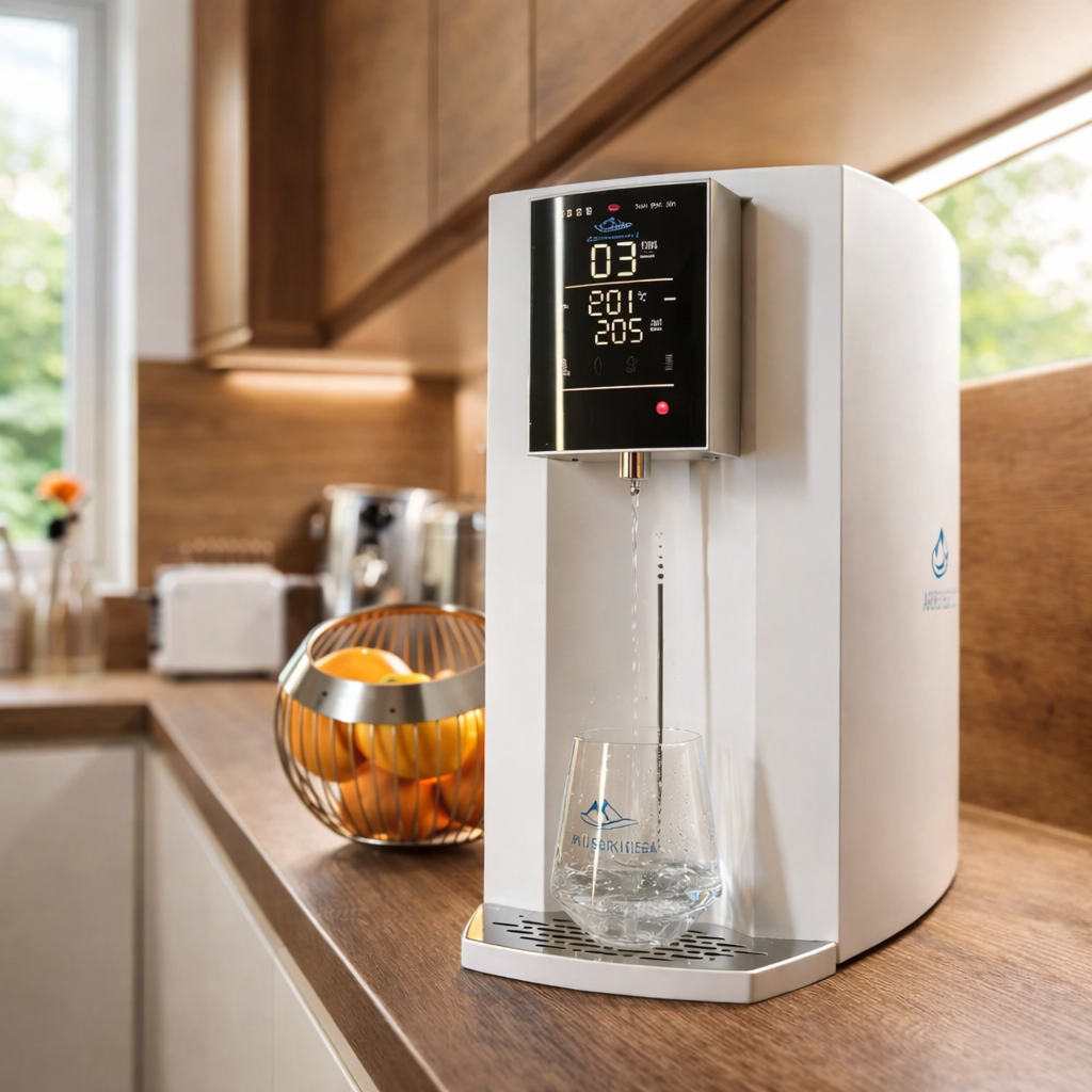 Arktisquelle Wasserfilter Auftisch Osmoseanlage in der Küche auf Holzplatte