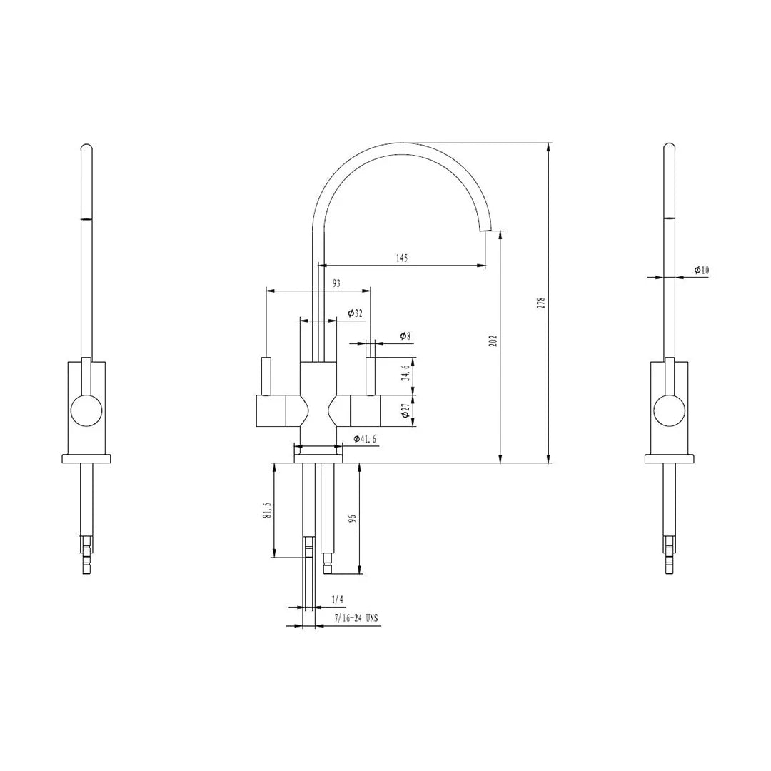 Der Atlantis 2 Wege Wasserhahn aus Edelstahl von misterwater: Produktmaße als Skizze