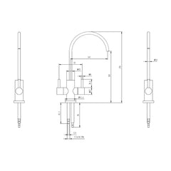 Der Atlantis 2 Wege Wasserhahn aus Edelstahl von misterwater: Produktmaße als Skizze
