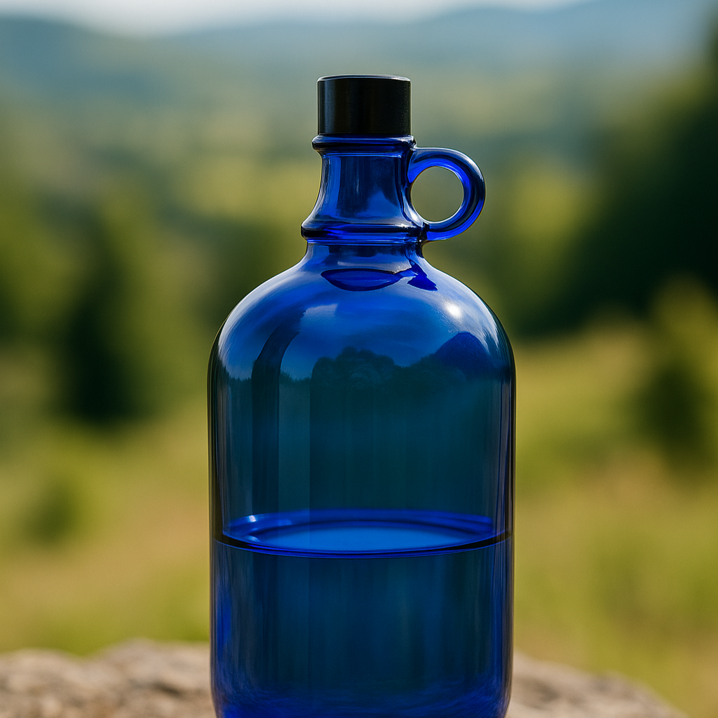 Blauglasflaschen 2 Liter - für bestes Trinkwasser - präsentiert in der Natur