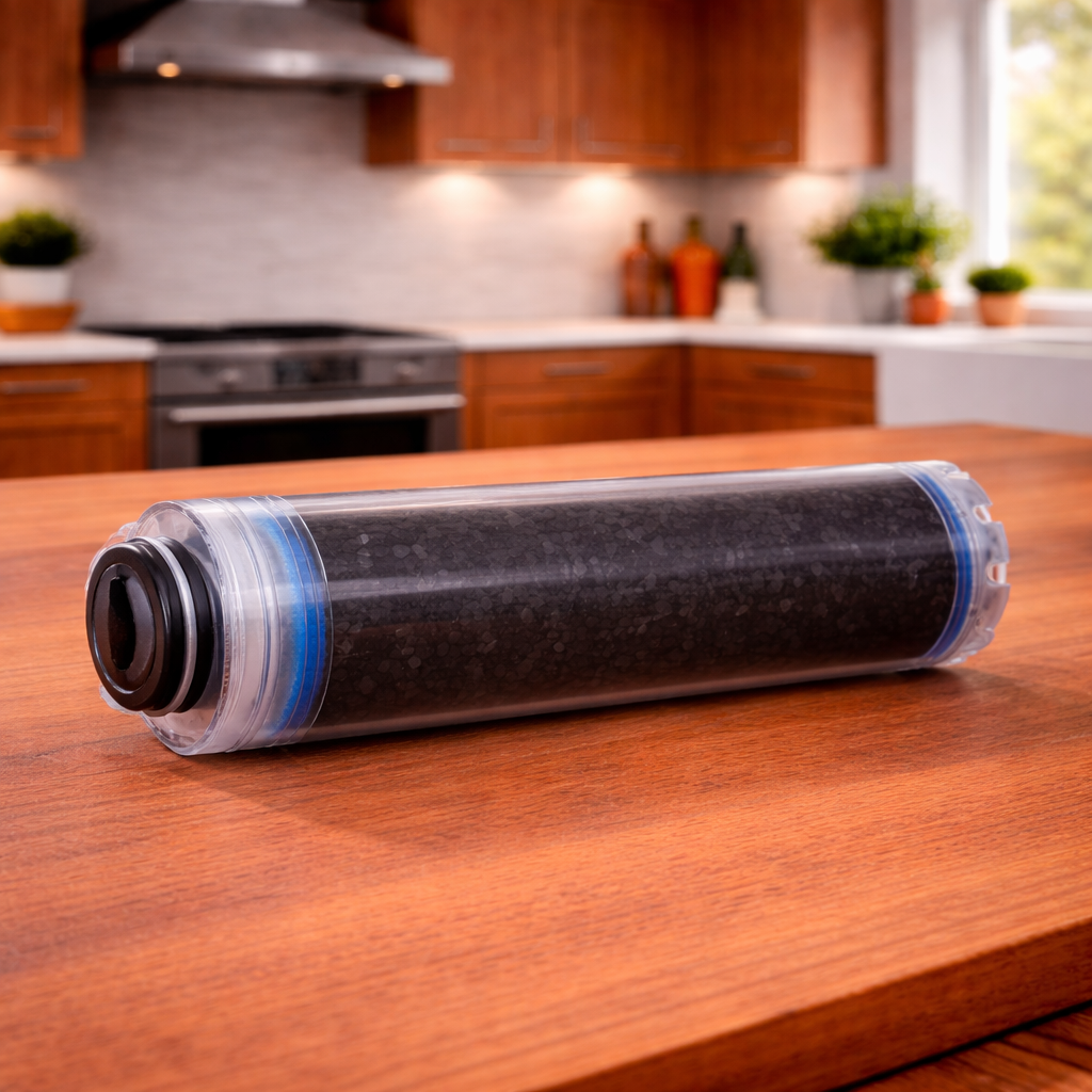 Carawater Wohnmobil Aktivkohlefilter (Carbon-Granulat) für FILTRADOC Pre Speed 10" liegend auf Tischplatte