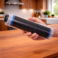 Carawater Wohnmobil Aktivkohlefilter (Carbon-Granulat) für FILTRADOC Pre Speed 10" haltend n einer Hand