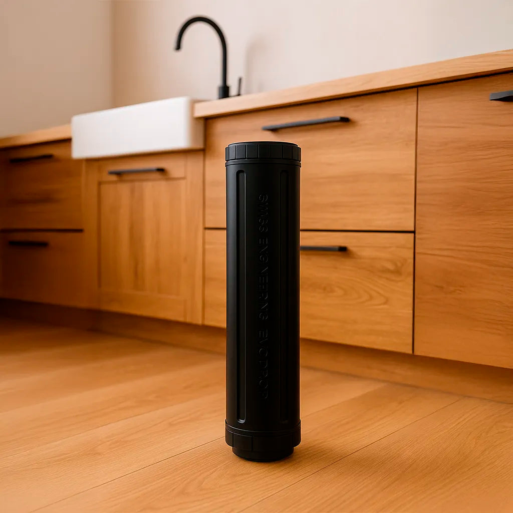 Ersatzfilter für EvoDescale Wasserfilteranlage mit Kalkfilter von Evodrop präsentiert auf Holzboden in Küche