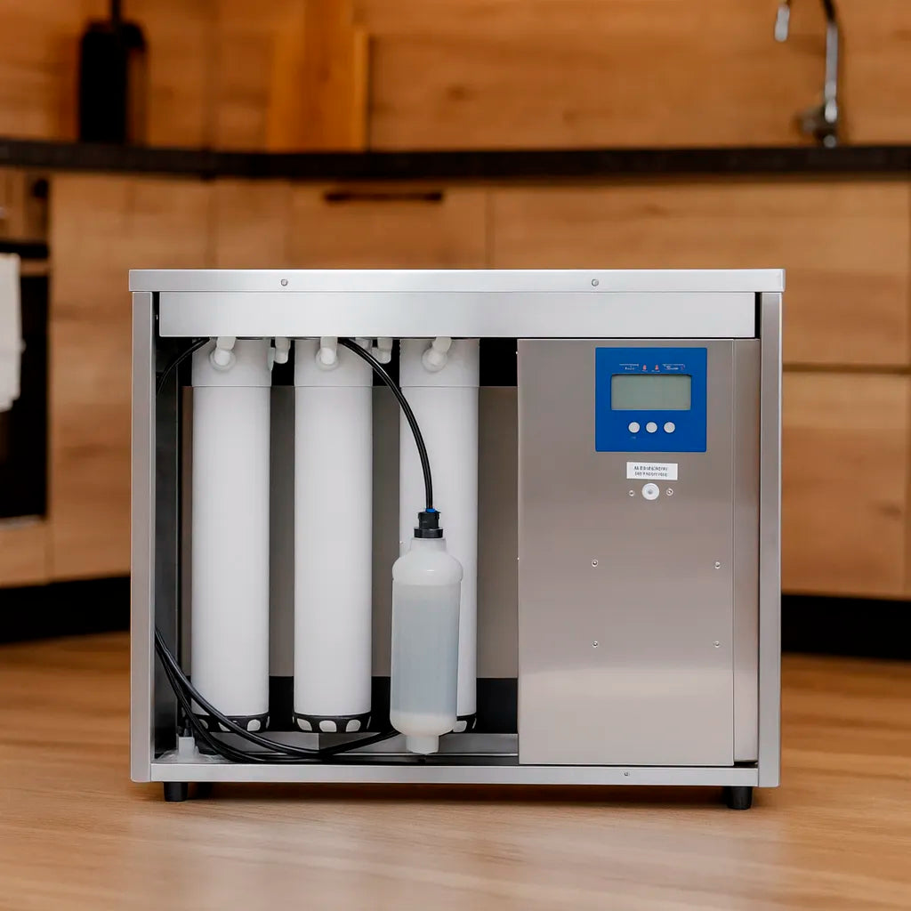 Ersaftzfilter, Membranen & Nachfilter für den EvoFilter von Evodrop - präsentiert in Anlage auf Holzboden in warmer Küche