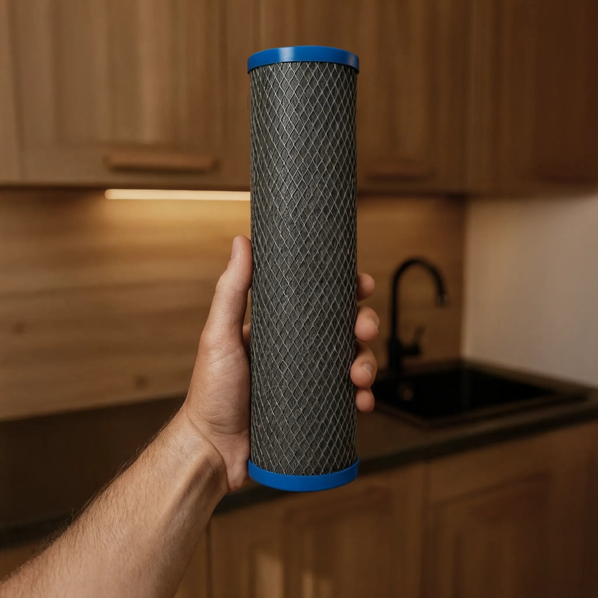 Der Ersatzfilter für den Evodrink von Evodrop - Aktvkohlefilter haltend in Hand in schöner Küche