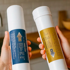 3x Ersatzfilter Vorfilter/Aktivkohlefilter für Pi Power Compact 300 Osmoseanlage als Vorteilsset - in Hände haltend in warmer Küche