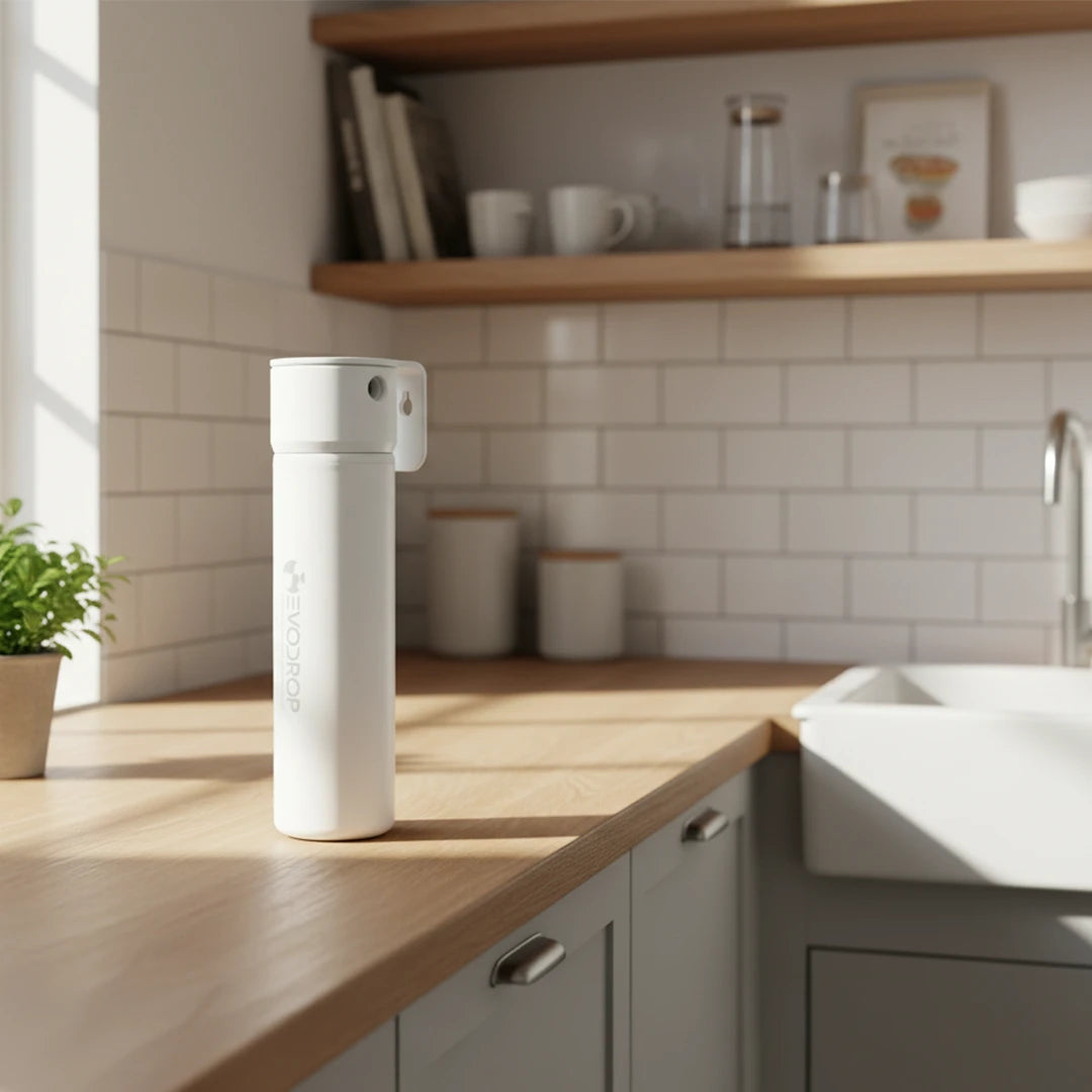 EVOdrink Aktivkohlefilter steht auf Küchenplatte