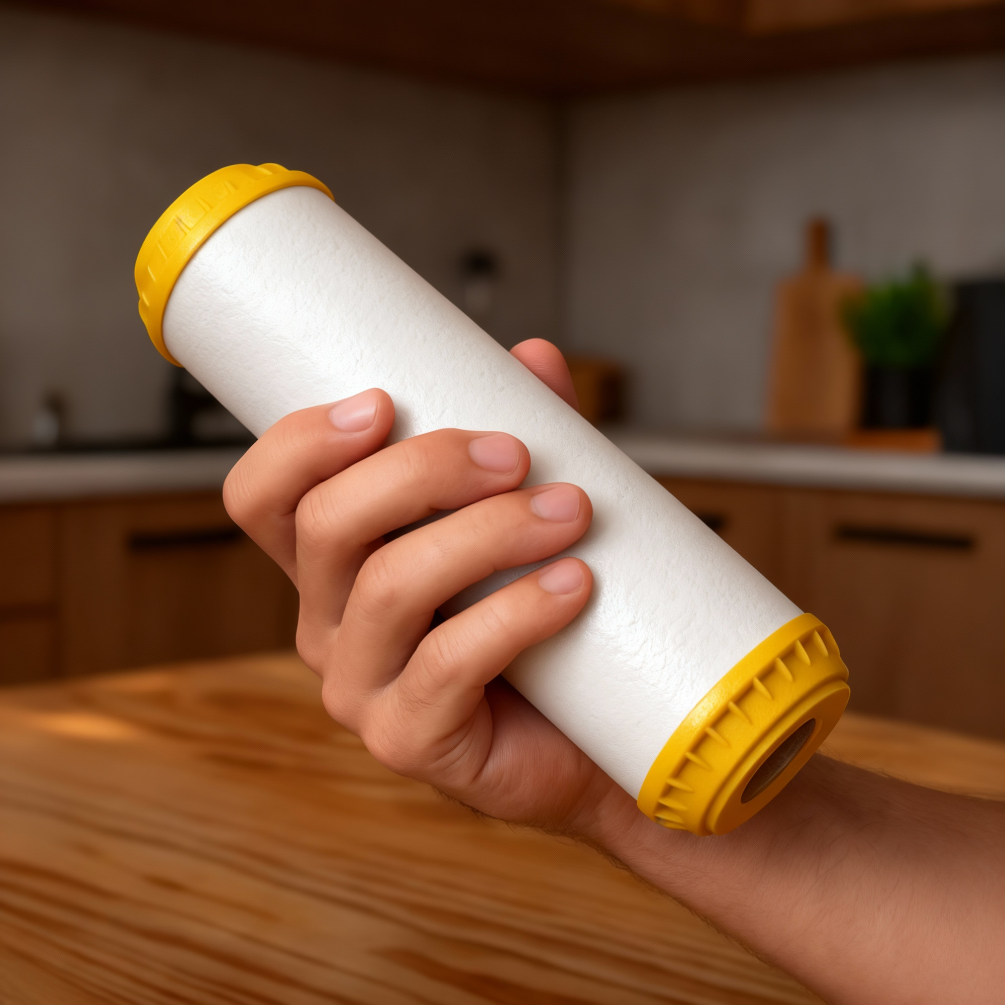 Kalkersatzfilter-Set für die Pi Power Compact 300/450 Osmoseanlage - haltend in der Hand in warmer Küche mit Holzelementen