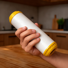 Kalkersatzfilter-Set für die Pi Power Compact 300/450 Osmoseanlage - haltend in der Hand in warmer Küche mit Holzelementen