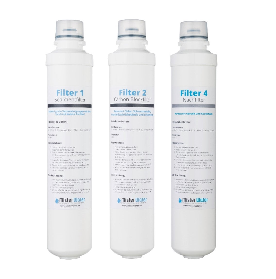 Misterwater Ersatzfilter für Futura: Sedimentfilter, Aktivkohlefilter und Nachfilter als Freisteller