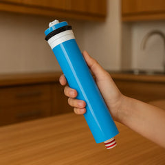 1 RO Membran für die Futura Single, Futura Family und Futura HPG von misterwater - haltend in einer Hand in warmer Küche