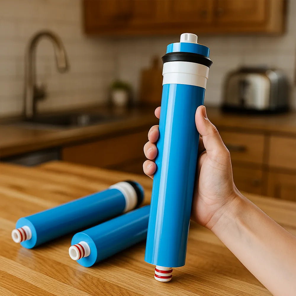 Membranset mit 3 180 GPD Membranen für die Wasserfilteranlage Silver Star von misterwater - haltend in einer Hand und liegend auf Tischplatte