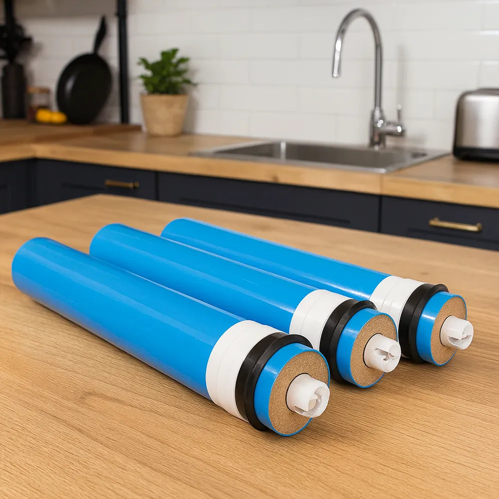 Membranset mit 3 180 GPD Membranen für die Wasserfilteranlage Silver Star von misterwater - liegend auf Tischplatte