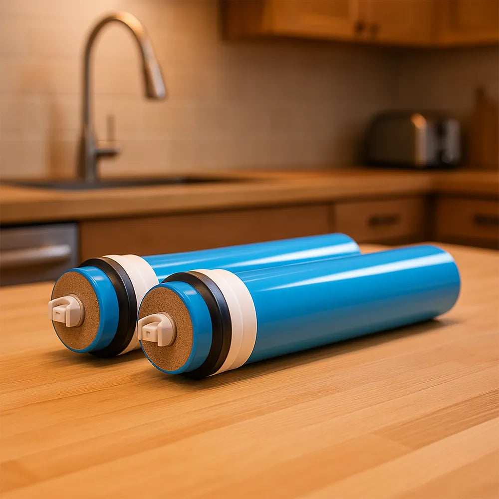 Membranset mit 2 180 GPD Membranen für die Wasserfilteranlage Blanca Pro, New Generation und Arctica von misterwater - liegend auf Tischplatte