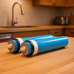 Membranset mit 2 180 GPD Membranen für die Wasserfilteranlage Blanca Pro, New Generation und Arctica von misterwater - liegend auf Tischplatte