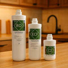 Urquelle Ersatzfilter Osmoseanlage: Filterset mit EFC Filter, C2 Aktivkohlefilter, RO Membran für Urquelle Diamant 1 - stehend auf Tischplatte