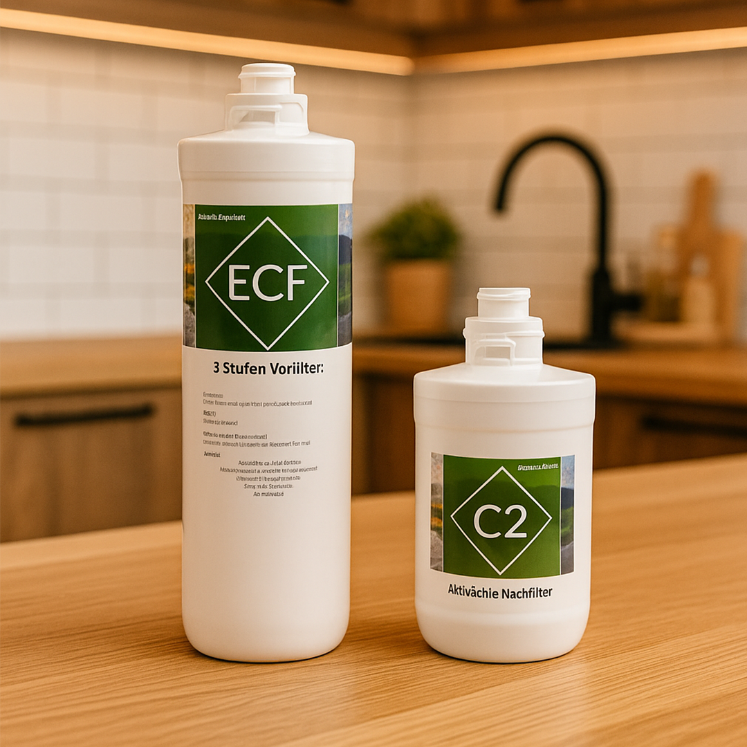 Urquelle Ersatzfilter Osmoseanlage - C2 Aktivkohlefilter und EFC Filter für Urquelle Diamant 1 - stehend auf Tischplatte in Küche