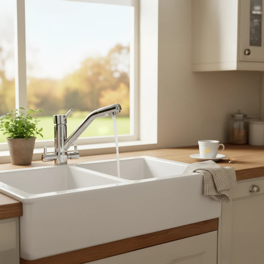 Der Vierwegehahn PRISMA von misterwater - für Osmoseanlagen und Wasserfilter: Inszeniert in einer Küche