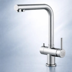 Der 3 Wege Wasserhahn aus Edelstahl von Vizio für Wasserfilter: Modell VZFX011180 als Freisteller auf blauem Hintergrund