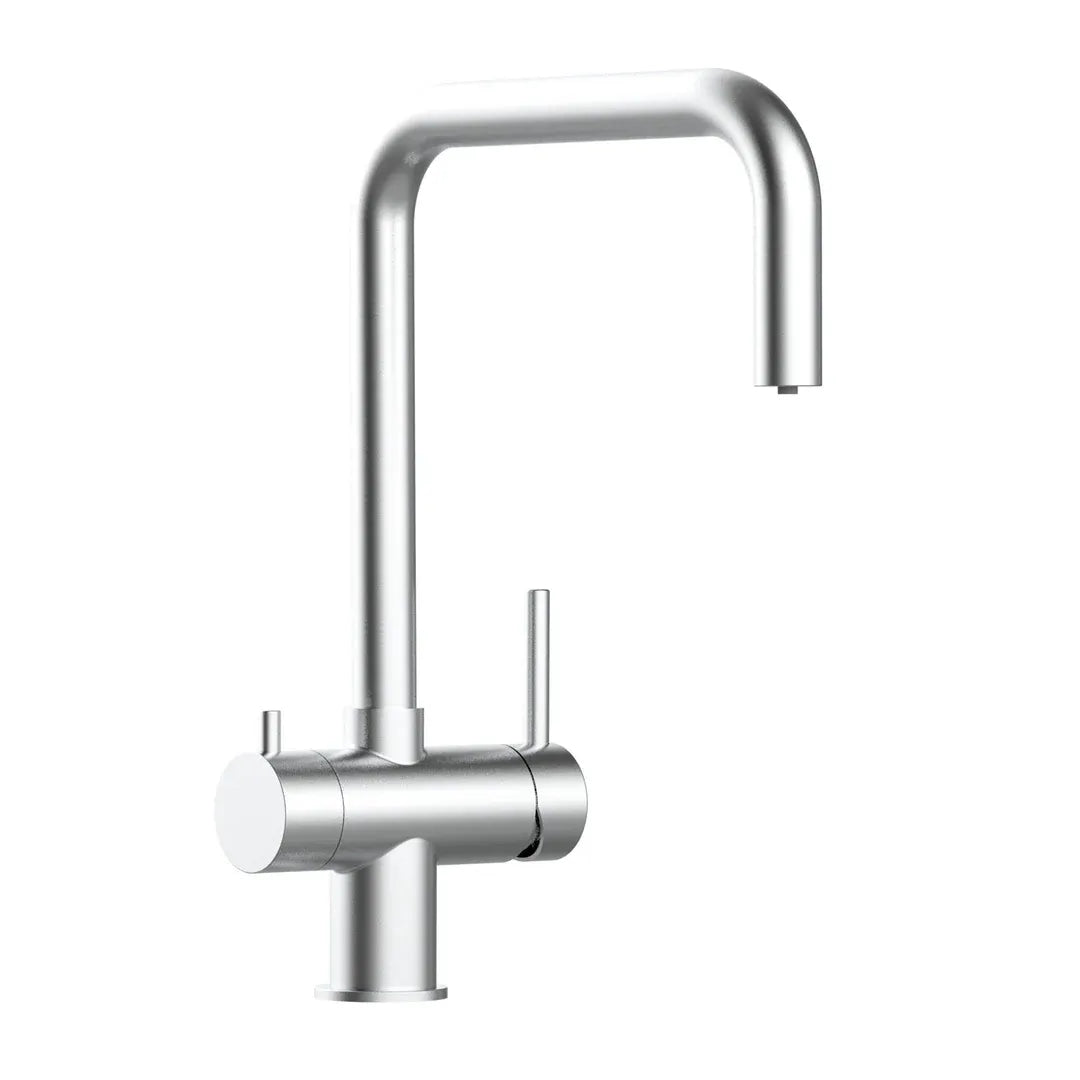 Der 3 Wege Wasserhahn in silber aus Edelstahl gebürstet: Modell VZFX011480als Freisteller von vorne
