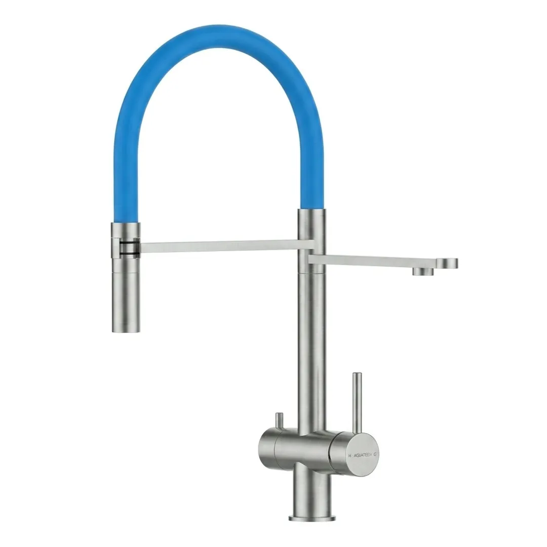 VIZIO 3-Wege Wasserhahn Hellblau aus Edelstahl gebürstet mit 2-Strahl Brause: Modell VZFX018182 als Freisteller