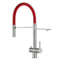 VIZIO 3-Wege Wasserhahn Rot aus Edelstahl gebürstet mit 2-Strahl Brause: Modell VZFX018182 als Freisteller
