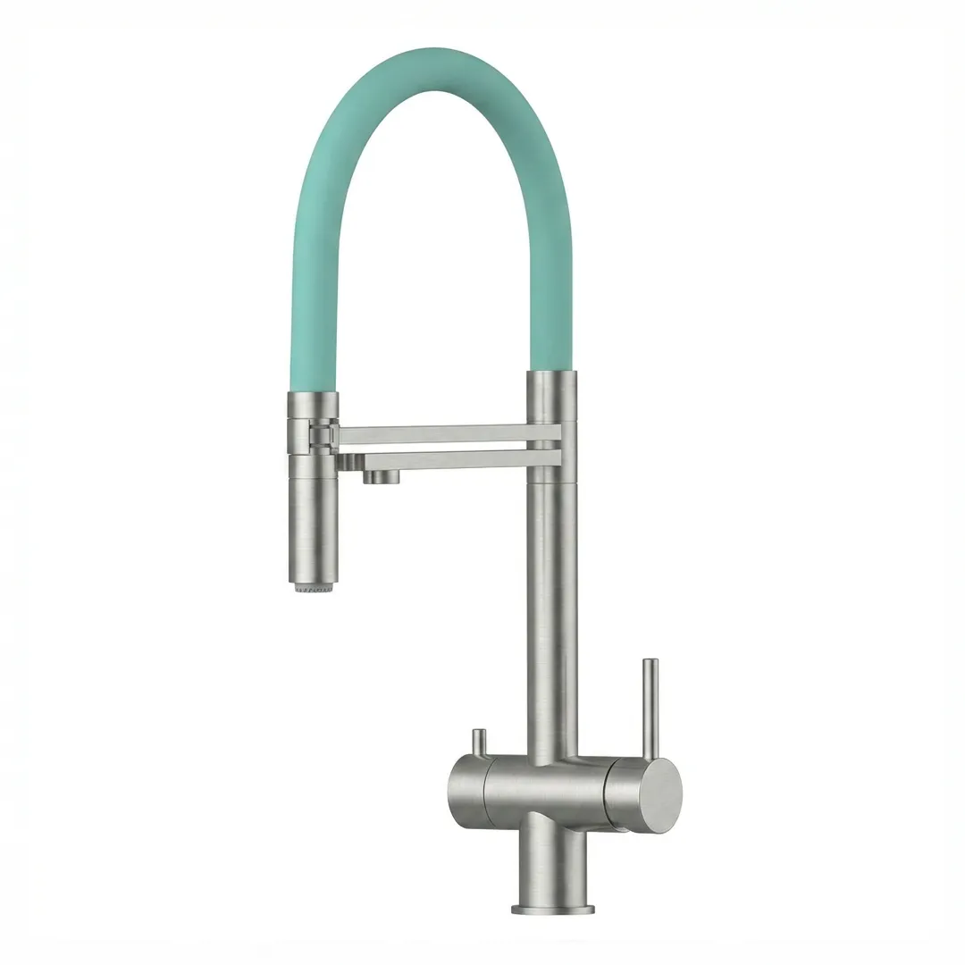 VIZIO 3-Wege Wasserhahn Türkis aus Edelstahl gebürstet mit 2-Strahl Brause: Modell VZFX018182 als Freisteller