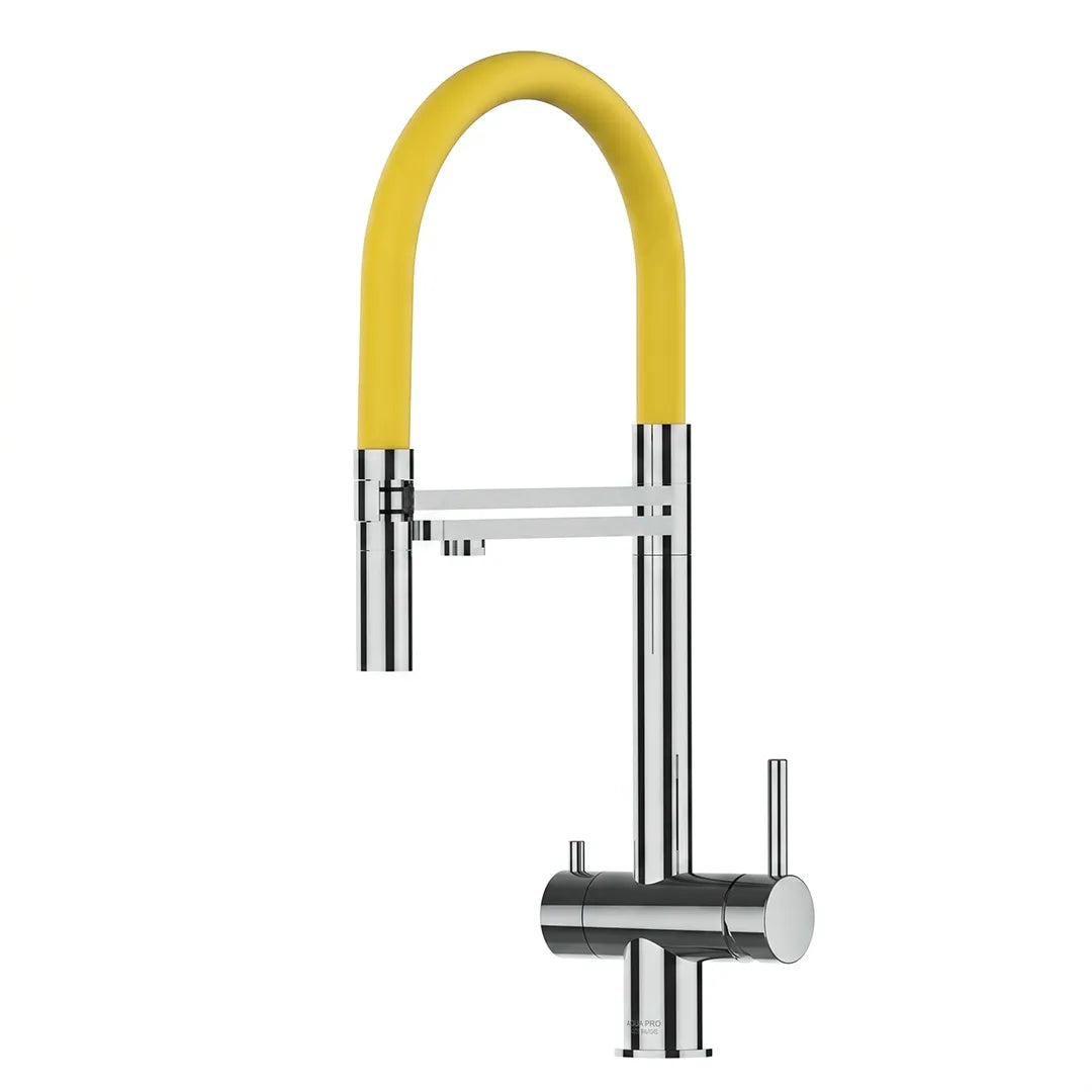 VIZIO 3-Wege Wasserhahn Gelb aus Edelstahl mit 2-Strahl Brause: Modell VZFX018102 als Freisteller