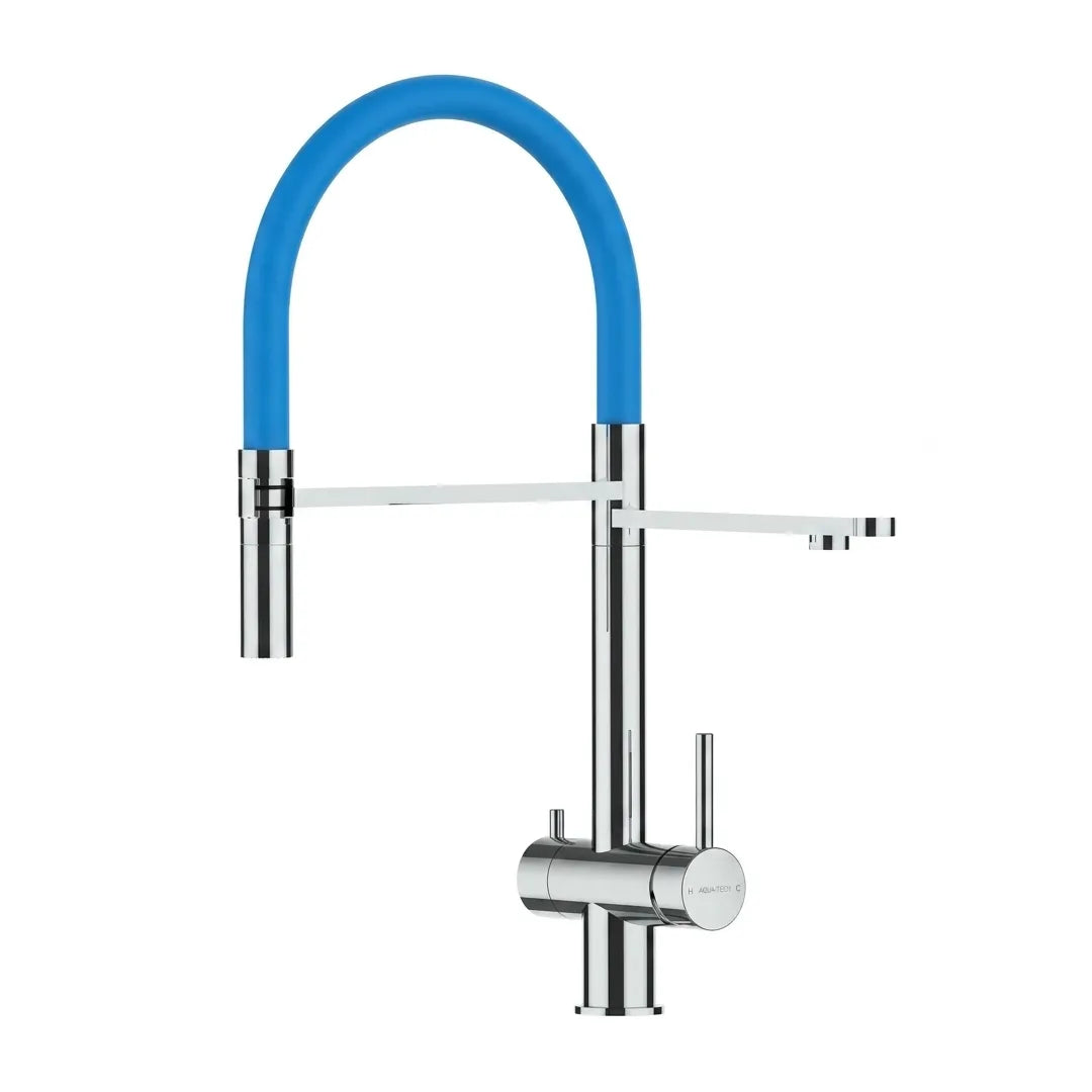 VIZIO 3-Wege Wasserhahn Hellblau aus Edelstahl mit 2-Strahl Brause: Modell VZFX018102 als Freisteller
